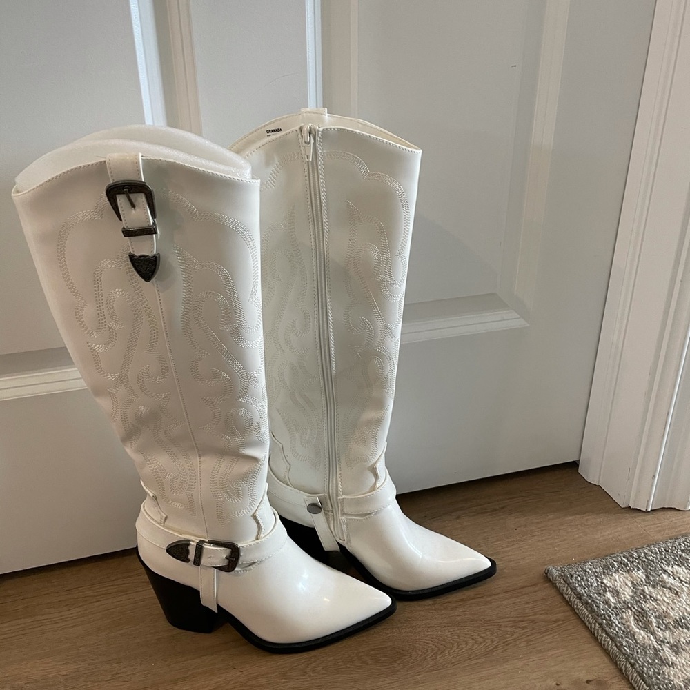 JustFab White Western Knee-High Heeled Boots